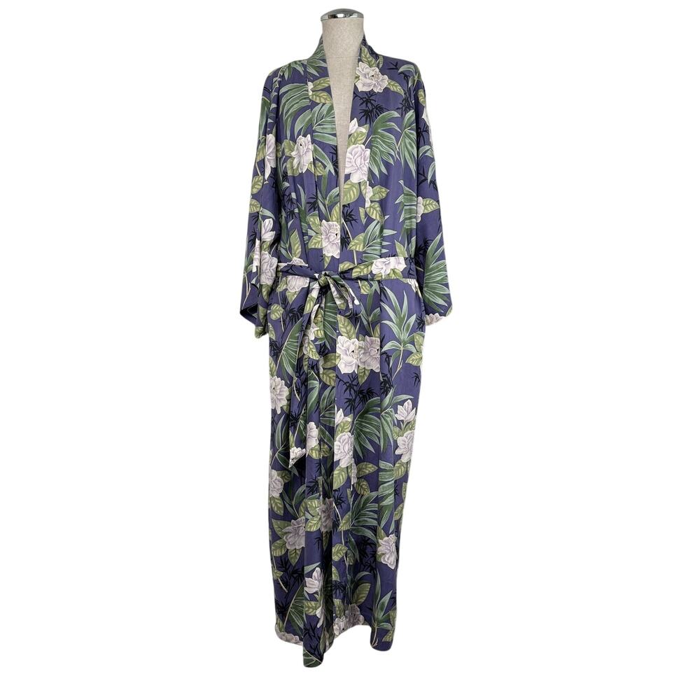Soft Surroundings Silk Tropical Floral Robe Kimono Maxi Purple Green Sz S